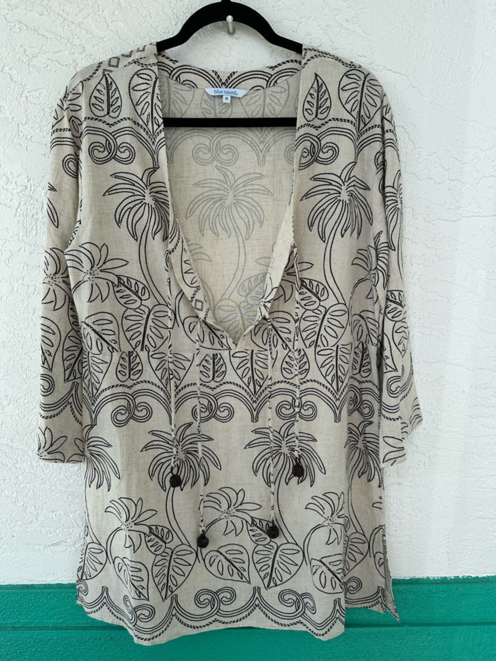 Blue Island Tropical Palm Tree Swim Cover Up Black Cream Medium